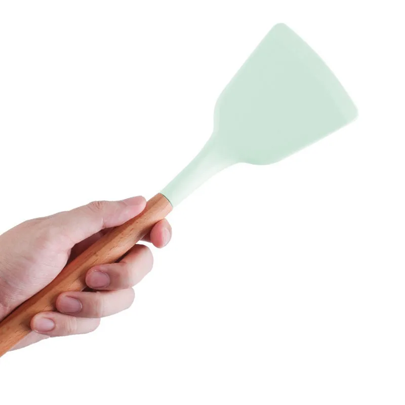 Green Silicone Utensils Cooking Kitchenware Tool Set With Wooden Multifunction Handle Non-Stick Spatula Ladle Egg Beaters Shovel