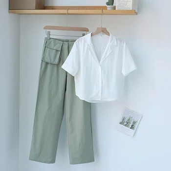 

Loose Casual Women 2 Piece Pants Set 2020 Summer Sarafi Style Streetwear White Blouse Shirt Straight Pockets Pants Female Set