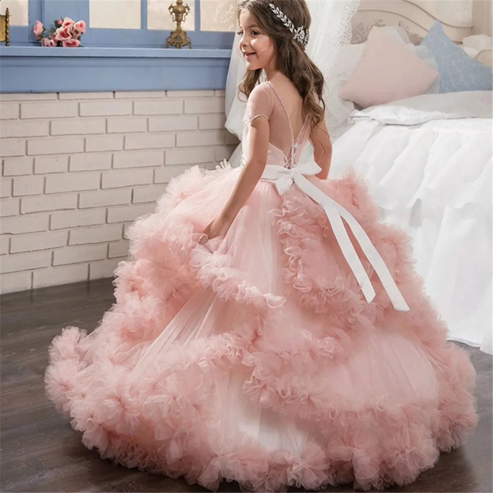 

Tiered Ruffles Flower Girl Dresses For Weddings Beaded Ribbon Jewel Neck Pageant Party Gowns Kids First Communion Dress