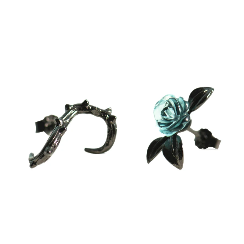 

Thorn Blue Crystal Rose Design Black Stud Earrings for Women Asymmetry Flower Earring Female Jewelry Gift