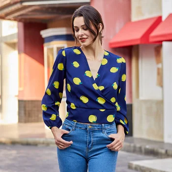 

2019 Autumn Fashion Women Sexy V-neck Short Chiffon Shirt Long Lantern Sleeve Lemon Print Casual Shirt For Women Simple Design