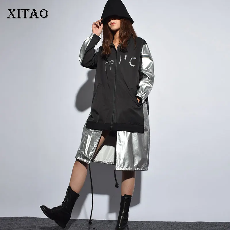 

XITAO Print Pattern Trench Women Irregular Wide Waist Turtleneck Irregular Pocket Elegant Autumn False Two Piece Coat HJH1012