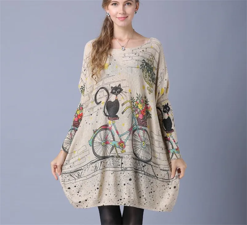 

Autumn Winter Women Oversize Sweater Long Cat Bicycle Print Casual Coat Batwing Sleeve Print Pullovers Clothing dropshipping