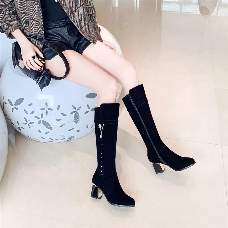 Meotina/Осенние Сапоги до колена женские высокие сапоги на высоком толстом каблуке с кристаллами обувь с круглым носком на молнии женские зимние черные Большие размеры 33-43