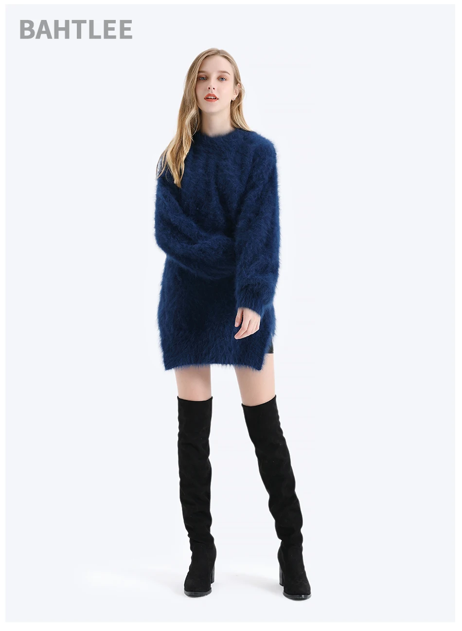 BAHTLEE женский Ангорский пуловер джинсовый синий свитер осеннее зимнее, связанное из шерсти джемпер с длинными рукавами с круглым вырезом свободный стиль