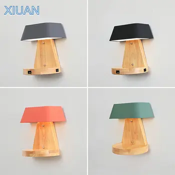 

Nordic Wireless Charging Bedside Wall Lamp with USB Port Metal Wall Sconce LED Wooden Wall Bracket Light for Living room Decor