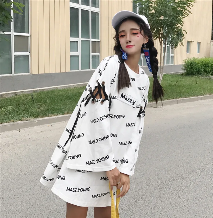 Для фотосессии Harajuku Labuhan Angin Kong-style с принтом букв бандажная ткань с большими рукавами Женская толстовка средней длины