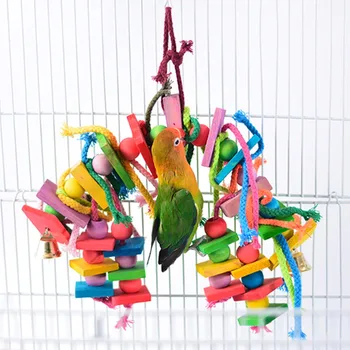

Behogar Funny Multicolored Wooden Blocks Cotton Rope Bird Parrot Chewing Toy for Budgies Parakeets Cockatiels Conures Lovebirds