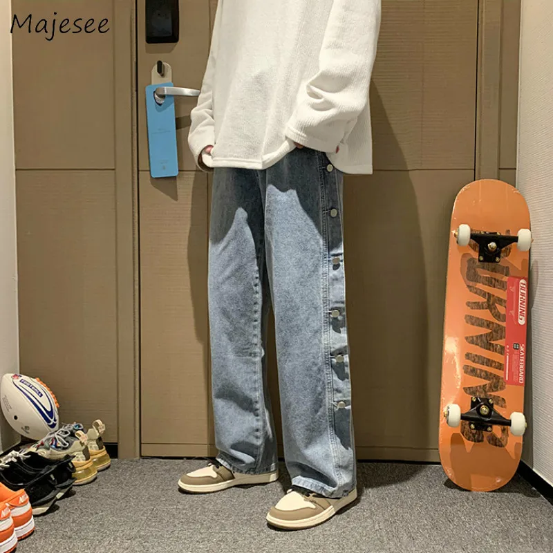Pantalones vaqueros holgados de talla grande para hombre, pantalones de pierna ancha con botones sólidos, estilo a la moda coreana, informales, para estudiantes, ropa de calle de ocio, 2XL
