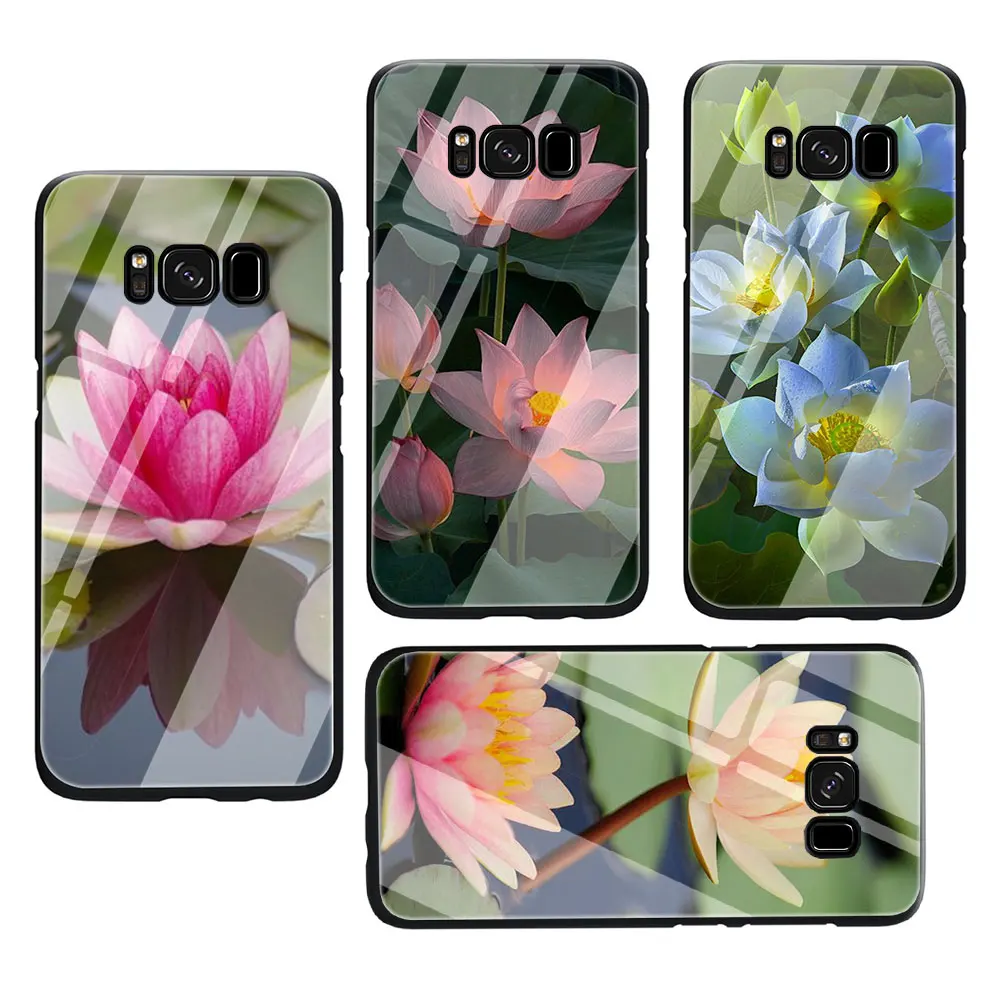EWAU цветок лотоса чехол из закаленного стекла для телефона для samsung S7 край S8 S9 S10 Note 8, 9, 10, плюс A10 20 30 40 50 60 70