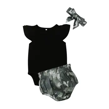 

Newborn Baby Girls Clothes Set Long Sleeve Black Bodysuit + Camo Shorts Outfits