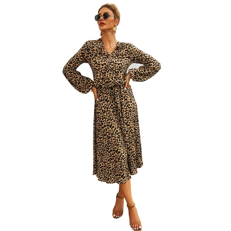 Women Dress Autumn 2019 Ladies Leopard Print Dresses Sexy Women V Neck Long Sleeve Midi Dress Womens Dresses