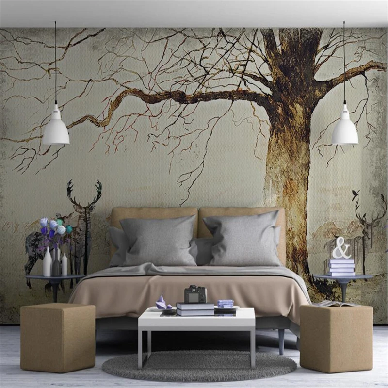 Beibehang-Modern-pastoral-Elk-tree-scenery-TV-background-wall-custom-large-mural-green-wallpaper-papel-de (1)