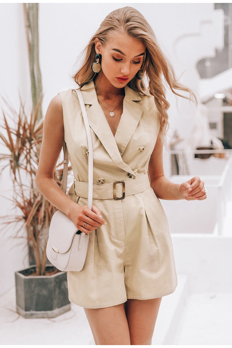 Sexy Elegant Jumpsuit women Belt Khaki Cotton Ladies Jumpsuits Summer Pocket Button Zipper Romper Short Office Overalls