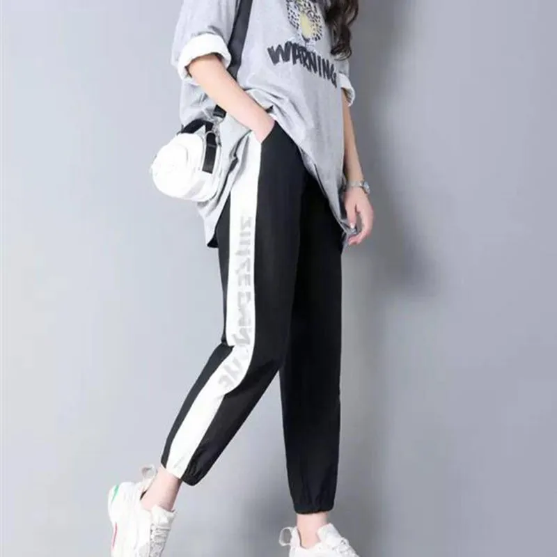 

Women Pants Fashion Side Striped Harem Pants High Waist Drawstring Pencil Trousers Letter Printed Mesh Patchwork Trousers