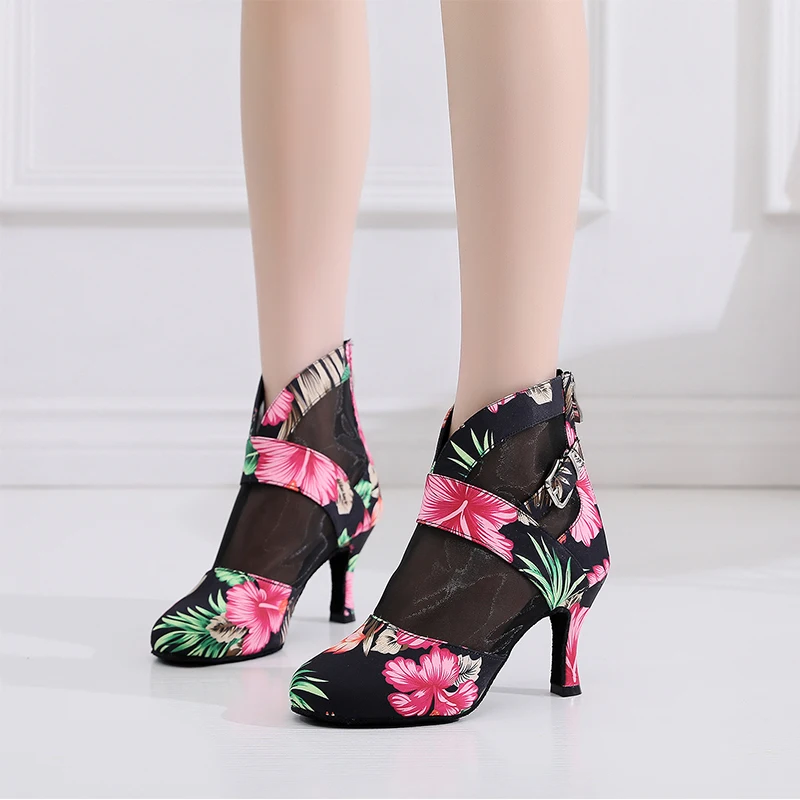 Woman Flower Print Latin Ballroom Dance Boots Woman Black High Salsa Bachata Dancing Shoes for Ladies High Heel Booties