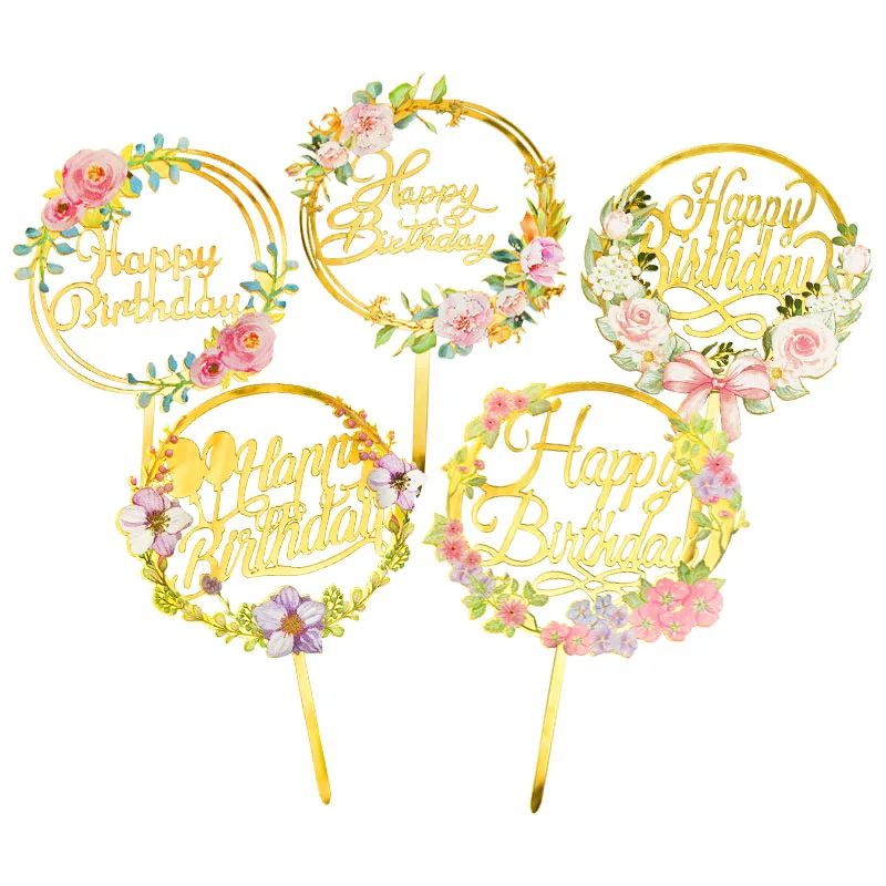 Or Acrylique Ecriture Joyeux Anniversaire Gateau Topper Belles Fleurs Dessert Decor Maison Fete D Anniversaire Bebe Douche Fournitures Aliexpress