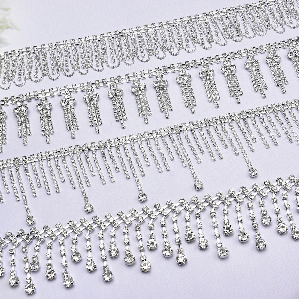 1 Yard Silver Plating Shiny Crystal Rhinestone Tassel Chain Trim Fringe Sew on Clothing Wedding Evening Dress Shoes Decoration | Дом и сад