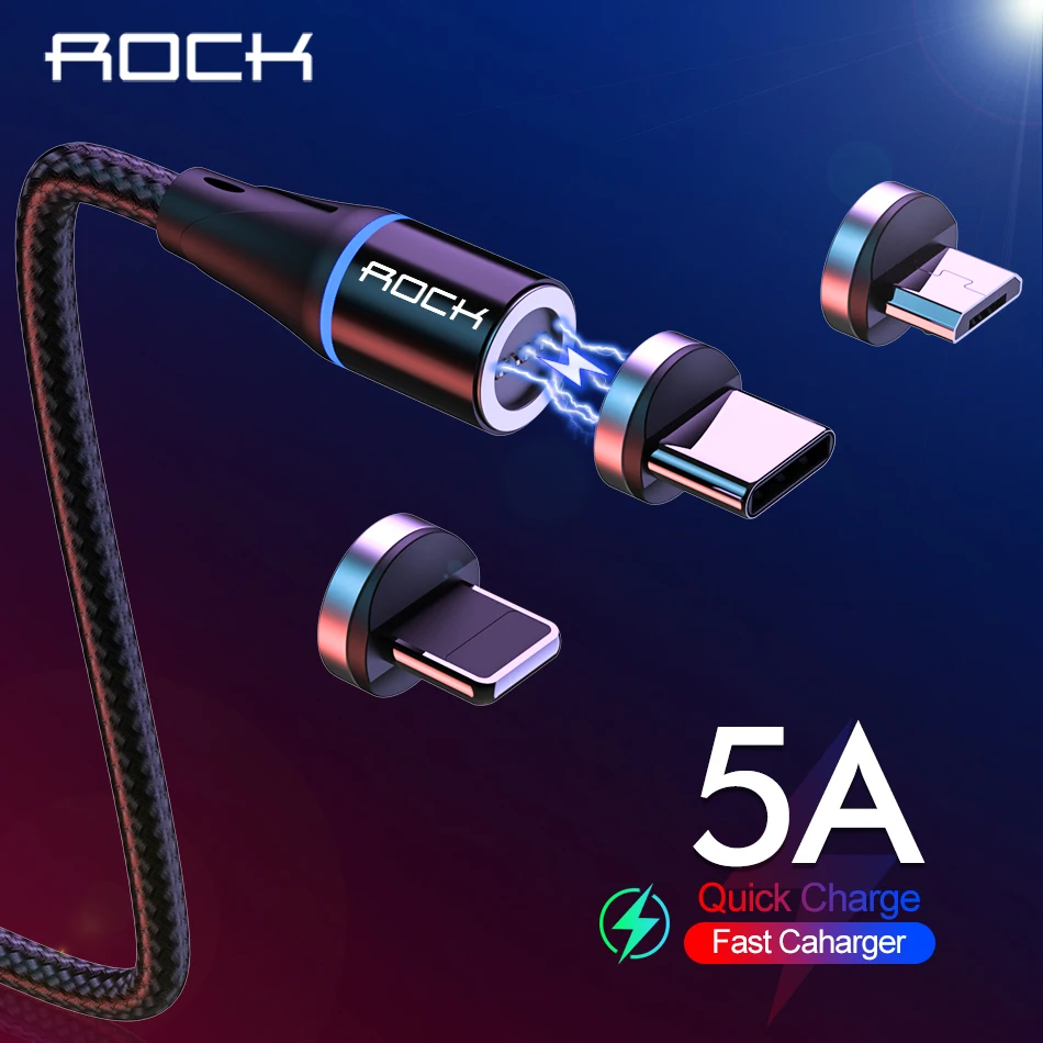 ROCK 5A супер быстрый зарядный Магнитный кабель для iPhone Xiaomi Samsung Micro Usb Type C LED Light Phone 1 м