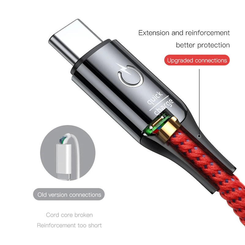 Кабель USB Type C Baseus 3A с быстрой зарядкой умное освещение для Samsung шнур передачи