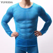 Тонкая мужская Нижняя майка, прозрачные базовые рубашки, дышащие Прозрачные топы с круглым вырезом, Полосатое Мужское нижнее белье, мужская одежда