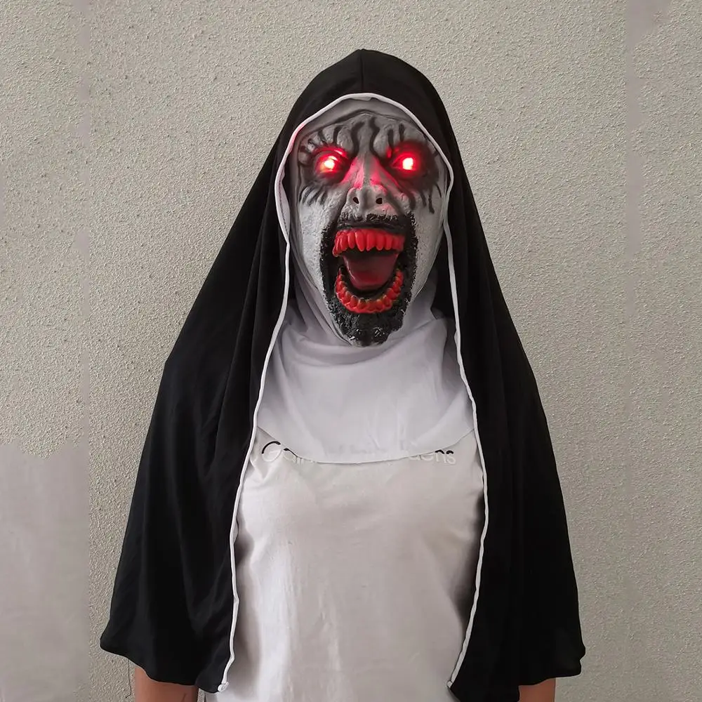 

The Nun Horror Mask Scary Voice Led Light Cosplay Valak Scary Latex Mask With Headscarf Full Face Helmet Halloween Party Props