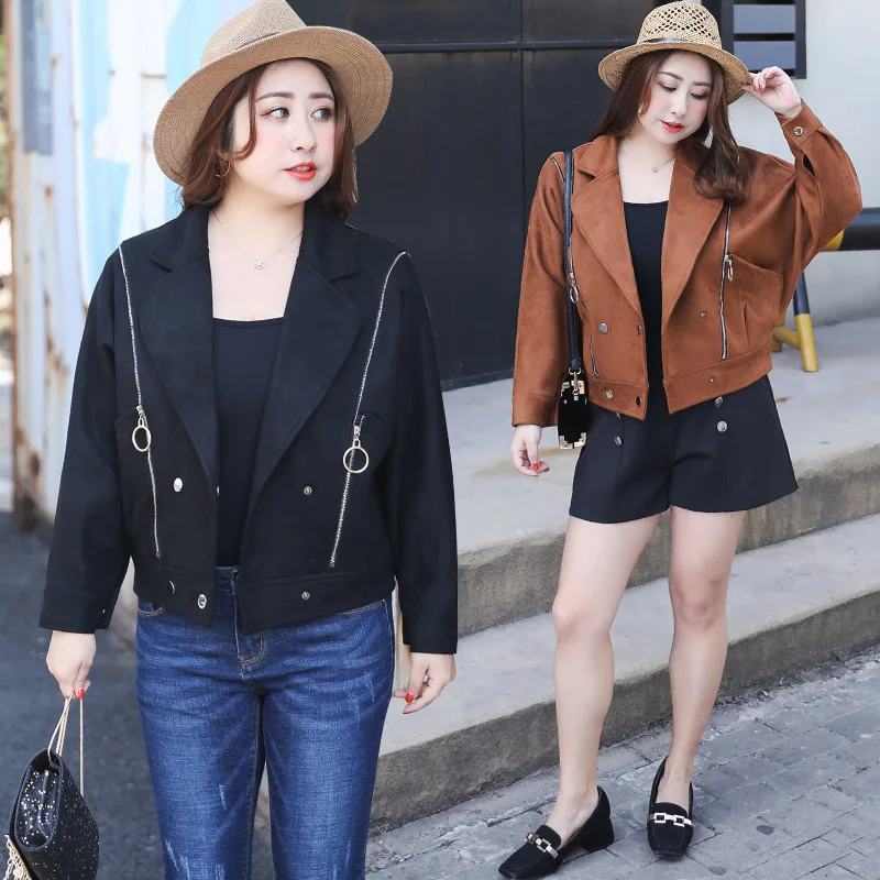 

2019 Spring New Products Large Size Dress-Style Suede Motorcycle Jacket Fat Mm Bat Sleeve Coat on Behalf of 1088 H