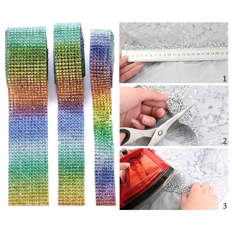 1 yard 6/8/12 Reihen breite Angeordnet Regenbogen Bunte Kristall Hot Fix Strass Band trim band Eisen Auf Applikationen für Kleid schuh – Detail 3
