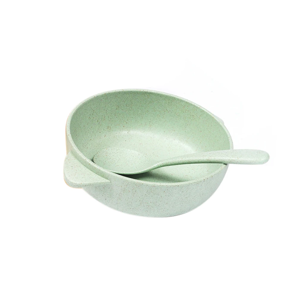 Green Детская миска для кормления+ ложка, столовый набор, дети, пшеница, едят, обеденные блюда, анти-горячий тренировочный стакан, тарелка, Разлагаемый зеленый рис, миска - Цвет: Green