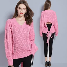 ^^Best Offers 2019 pink sexy halter strap pullover sweater loose V-neck long-sleeved sweater ^^Best Offers 2019 pink sexy halter strap pullover sweater loose V-neck long-sleeved sweater