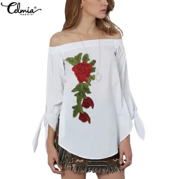 

Celmia Women Tops and Blouses Summer Floral Embroidery Off Shoulder Shirts Casual Loose Long Sleeve Ladies Blusas Feminina Mujer