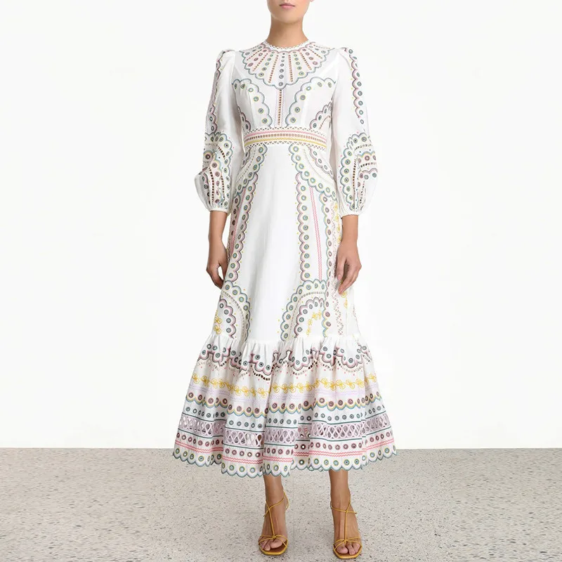 Long Style Новое поступление, весеннее Элегантное Длинное платье в белую полоску с вышивкой, женское Плиссированное Макси платье с круглым вырезом и длинным рукавом - Цвет: Long Style