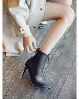 

[Worry Girl WUYOUNV] Fine-heeled pointed toe mid-boots autumn style single shoes high-heeled black Korean all-match boots childr