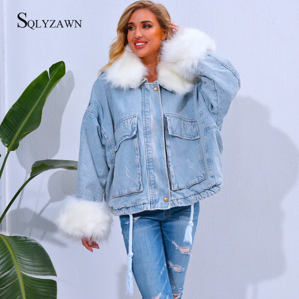 Womens Thick Winter Fur Coat Jeans 