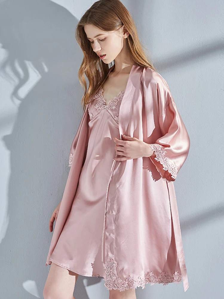 100% Real Silk Robe Set Women Nightgown 2PC Set Nightdress 2021 New Pure  Silk Sleeping Dress Black Sexy Lace Bathrobe Women 16mm - AliExpress
