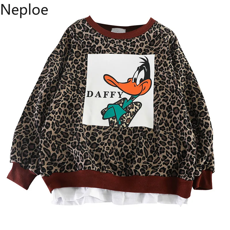 Neploe корейский Харадзюку стиль толстовки с длинными рукавами Темный узор Леопардовый принт пуловер Толстовка для повседневного ношения топ с круглым вырезом Осень 46742