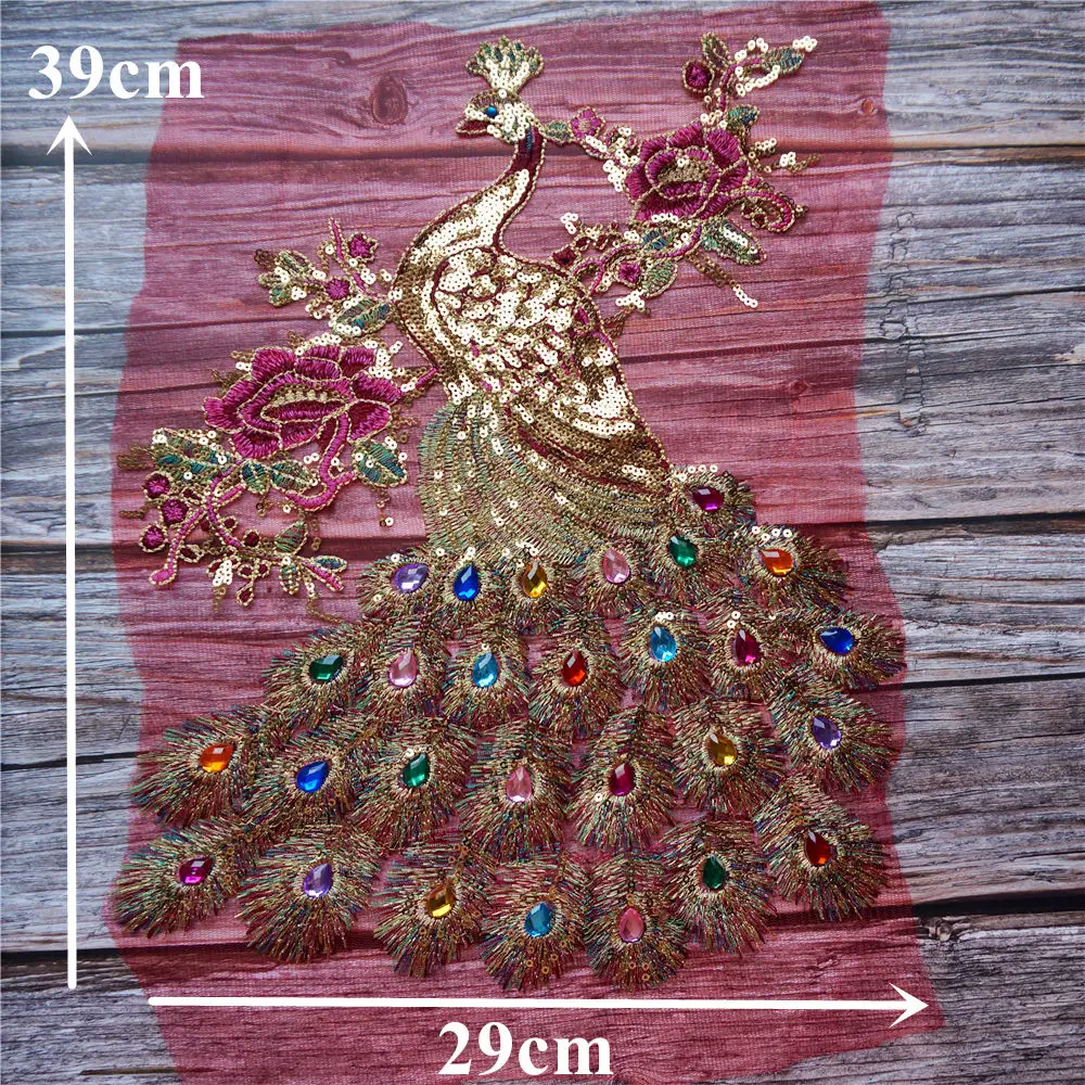 Description Picture 5 of itemSequin Peacock Rainbow Rhinestone Feather Tail Embroidered Gown Appliques Lace Fabric Red Mesh Sew Patch For Wedding Decoration
