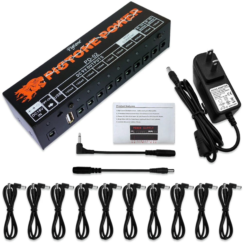 Pigtone PD-02 Pedal Power Supply 10 Way Output Electric Guitar Effect Accessories With USB Charge