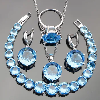

Sky Blue Zircon 925 Silver Costume Jewelry Sets Women Wedding Necklace Charms Bracelets Earrings Rings With Stones Gift Box