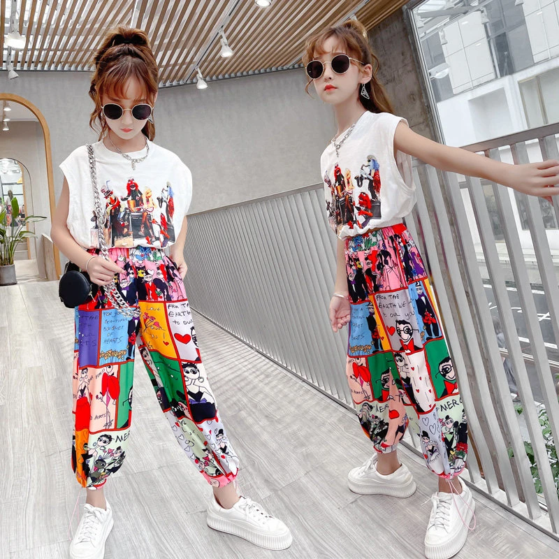 6 14歳の10代の女の子のための服のセット カジュアルなトップスとパンツのセット 漫画の落書き ファッショナブル 2ユニット 服セット Aliexpress