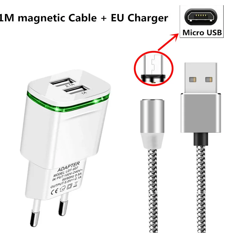 Магнитный Micro USB кабель для samsung J6 J4 Plus J2 Grand prime pro G530 Android мобильный телефон Быстрый тип C СВЕТОДИОДНЫЙ Магнитный зарядное устройство - Цвет: EU Charge and micro