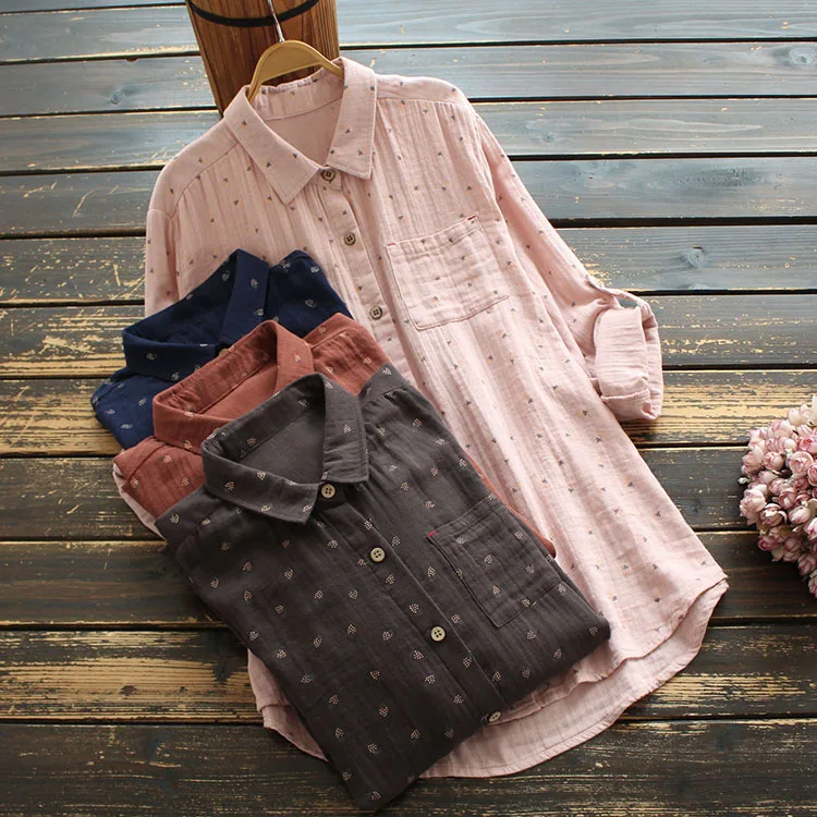 8417 New Autumn Women Blouse Japan Style Literary Print