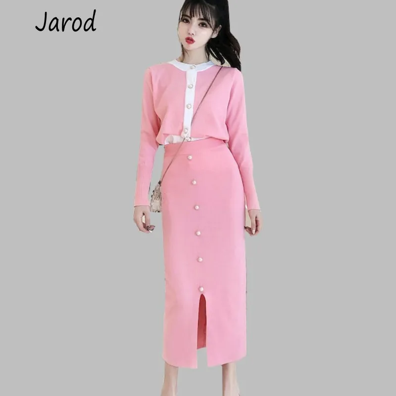 

Ladies Casual Knitted Suit 2019 New Autumn Fashion Women 2 Piece Set pink Hit color Knit Sweater Tops + Sheath Split Skirts