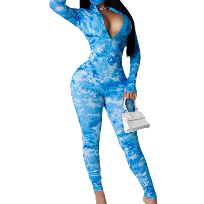 

Ladies Fashionable Mixed Color Jumpsuit, Spring Autumn Women Sexy Long Sleeve Zipper Sports Casual Siamese Trousers
