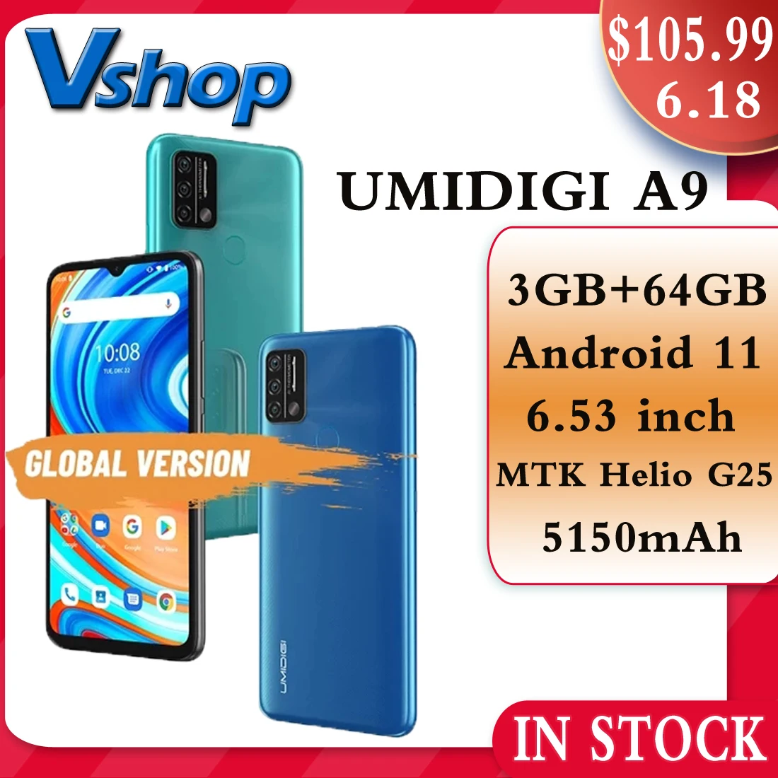 Смартфон глобальная версия UMIDIGI A9 на базе Android 11 3 Гб 64 ГБ мобильный телефон 5150 мАч