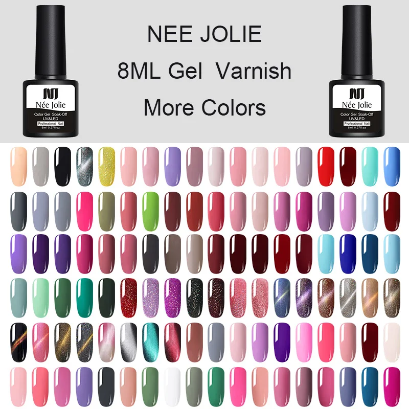 

NEE JOLIE 60 Colors Gel Nail Polish Pure Nail Color Soak Off UV Nail Art Gel Polish Cat Eye Effect Varnish Lacquer 8ml Manicure