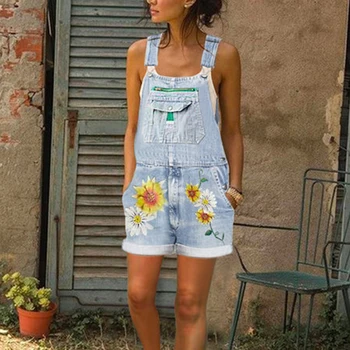 

Fshion Short Denim Jumpsuit Rompers For Women Summer Jeans Overalls Casual Shorts Playsuits Slim Floral Printed Jean