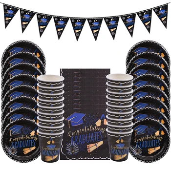 

Graduation Party Disposable Tableware set Paper Plate Cups Napkins Bunting Banner Congrats Grad Celebration Party Supplies Decor