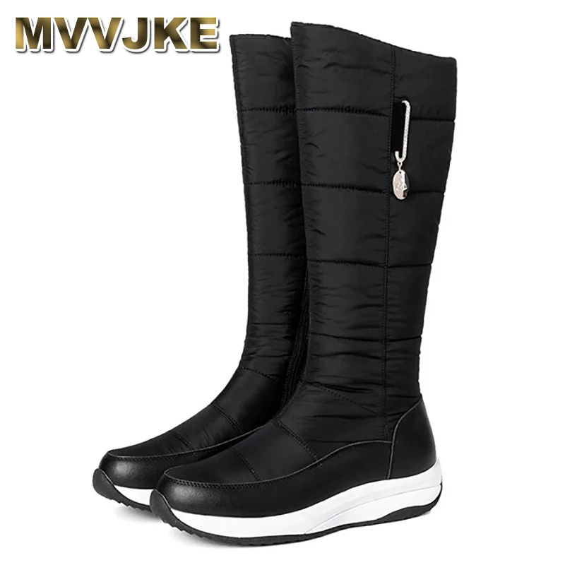 

Женская зимняя кожаная обувь MVVJKEFashion, черные, красные водонепроницаемые сапоги до колена на танкетке
