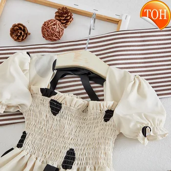 

Summer 2020 French Retro Wave Point Square Collar Puff Sleeve Girls Chiffon Dress Princess Beige Dress Party Clothes Vestidos